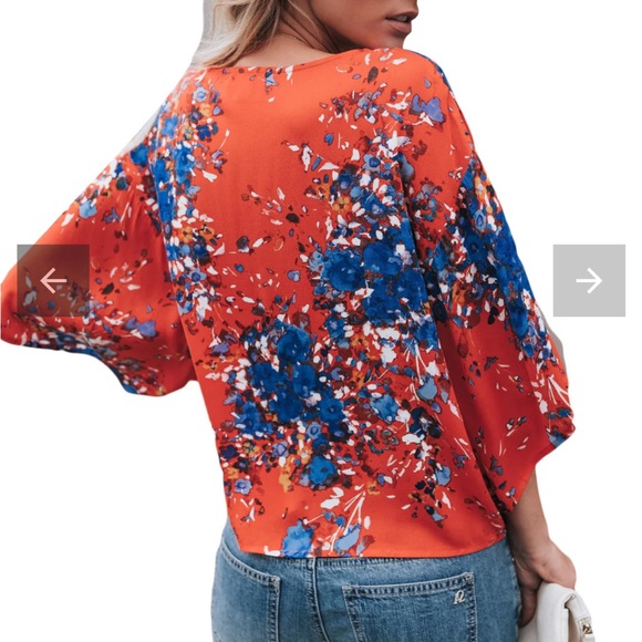 Floral Print Tie Front Kimono Sleeve Blouse - Picture 2 of 4